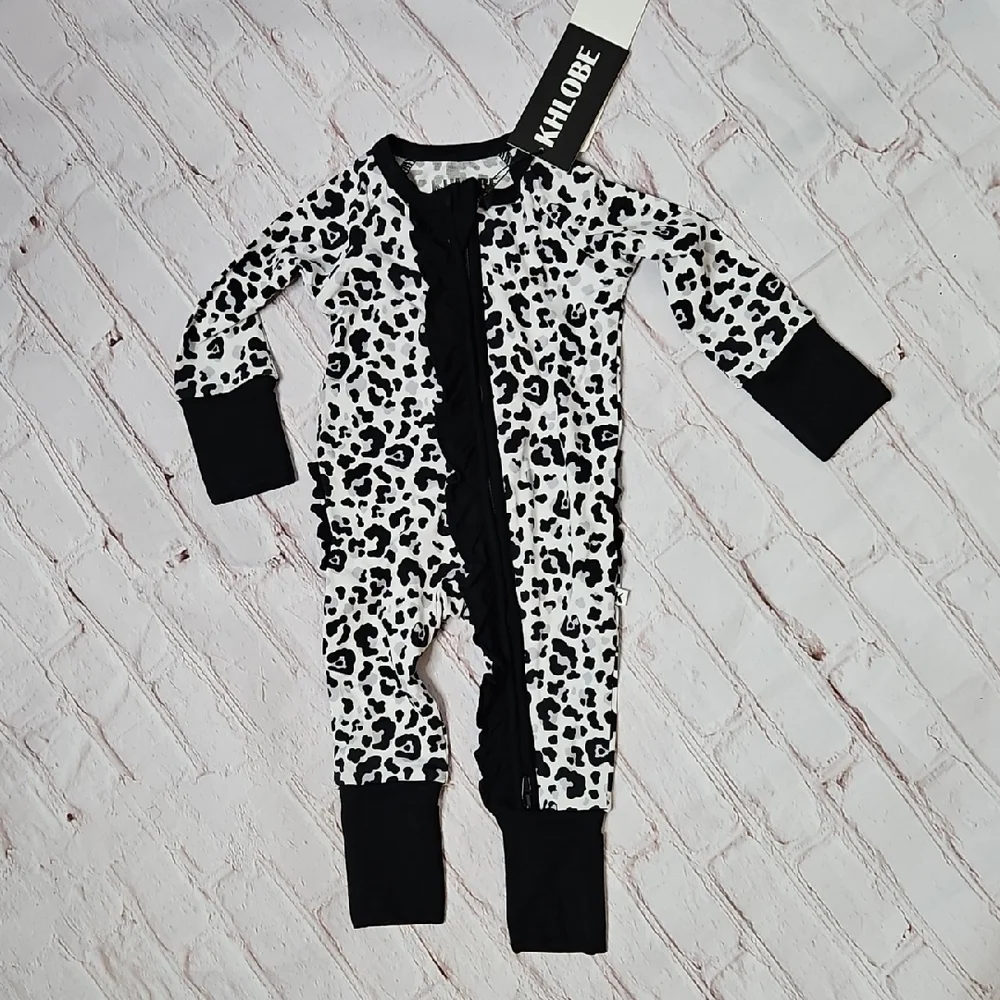 Khlobe One Piece Ruffle Bottom Zippie Leopard Print Pajama Newborn NWT